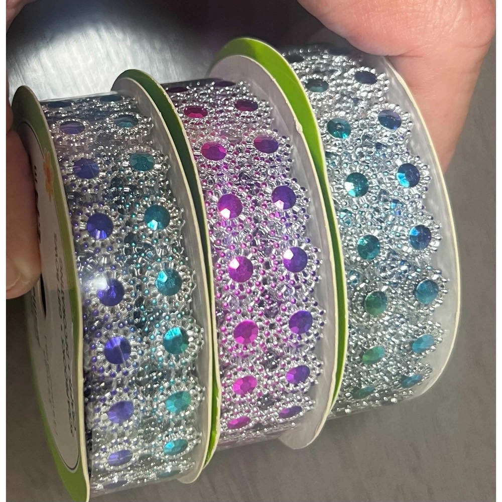 Floral Garden Gem Mesh Ribbon 3 Spools Purple Teal Blue Silver 9 Yards Total
